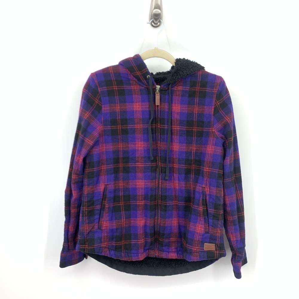 LL Bean Women Size XS Shirt Zip Up Top Purple Flannel‎ Plaid Sherpa Lined Hoodie